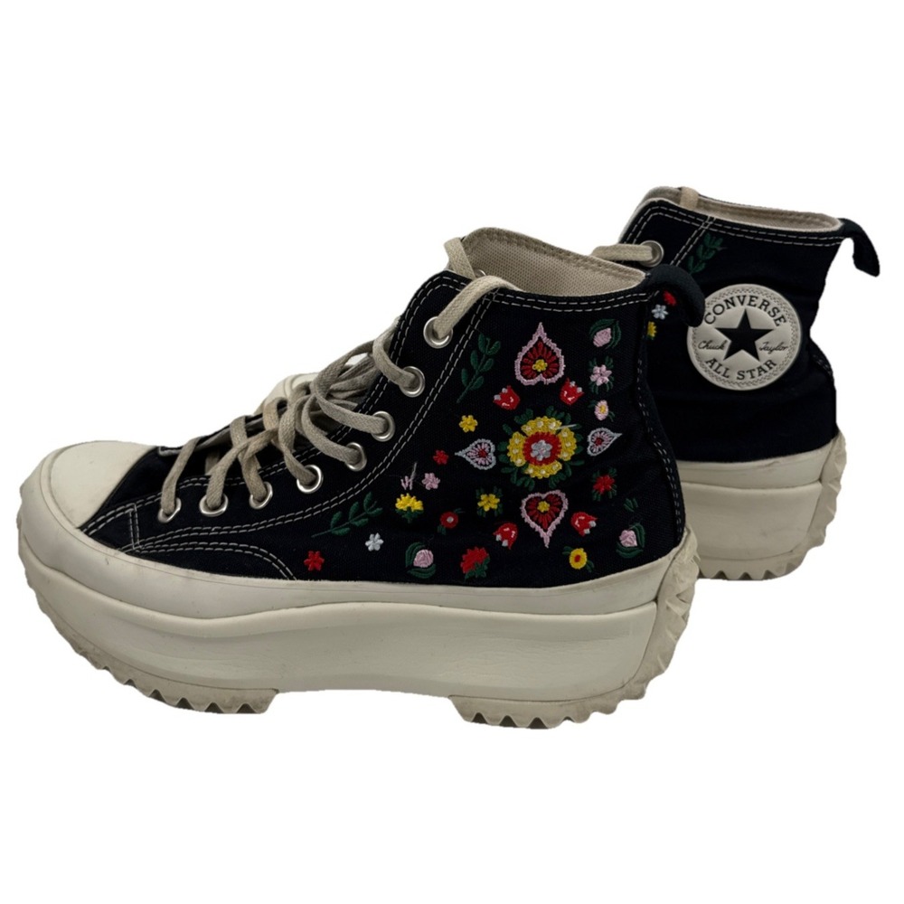 Converse Run Star Hike Platform Floral Embroidery Women 9 Black High Top Sneaker